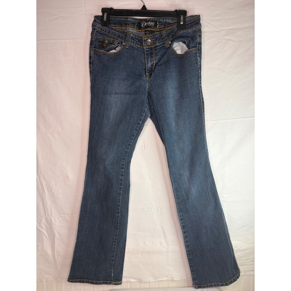 Dereon Womens Medium Wash Fleur De Lis Embroidered Bootcut Jeans Size 9/10